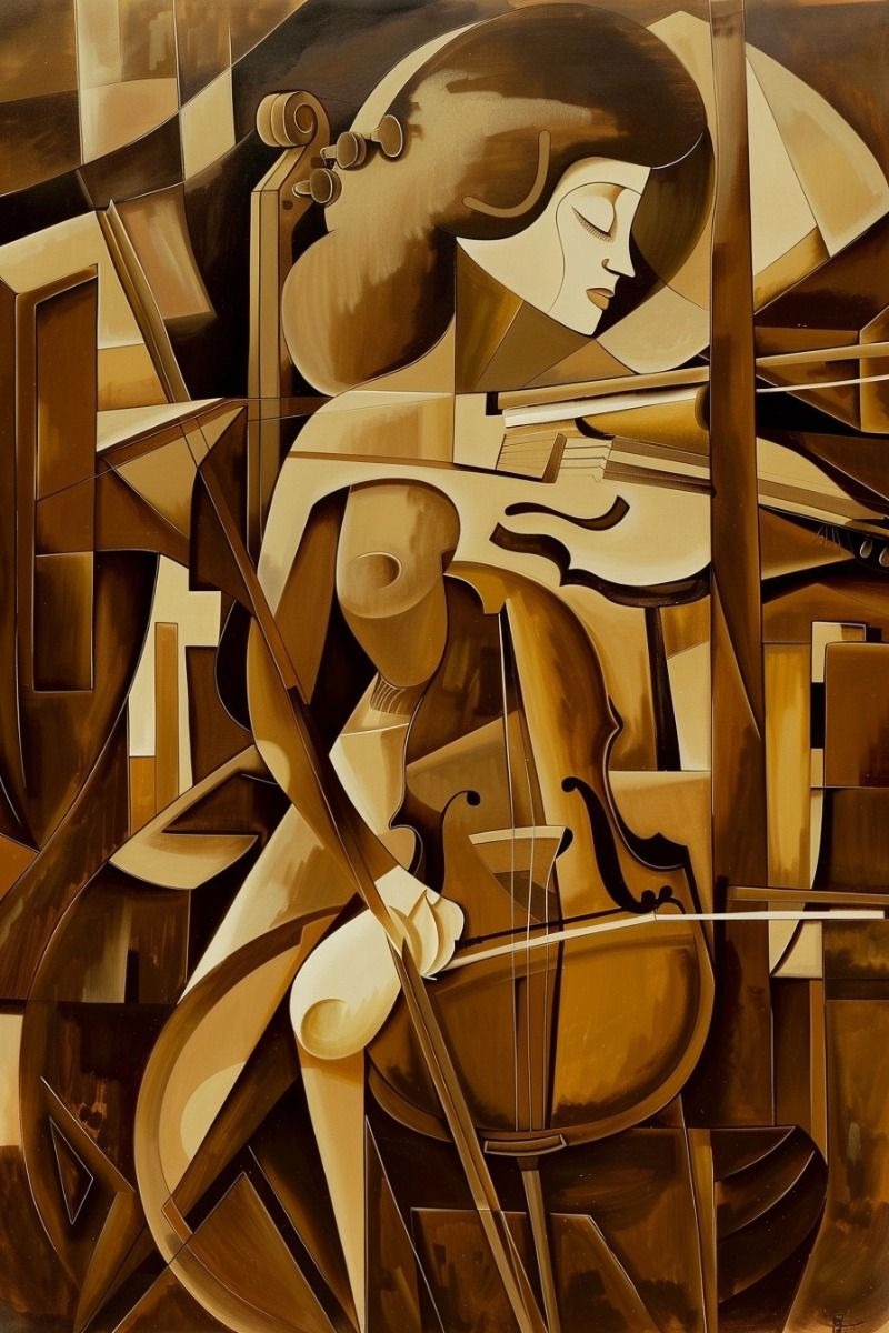 "Abstract Cubist Musician Wall Art – Modern Woman with Cello Painting"