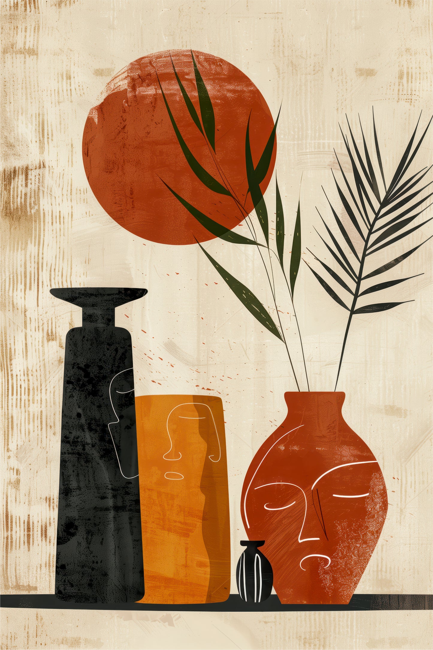 Modern Abstract Pottery Wall Art – Minimalist Vase & Botanical Illustration Print