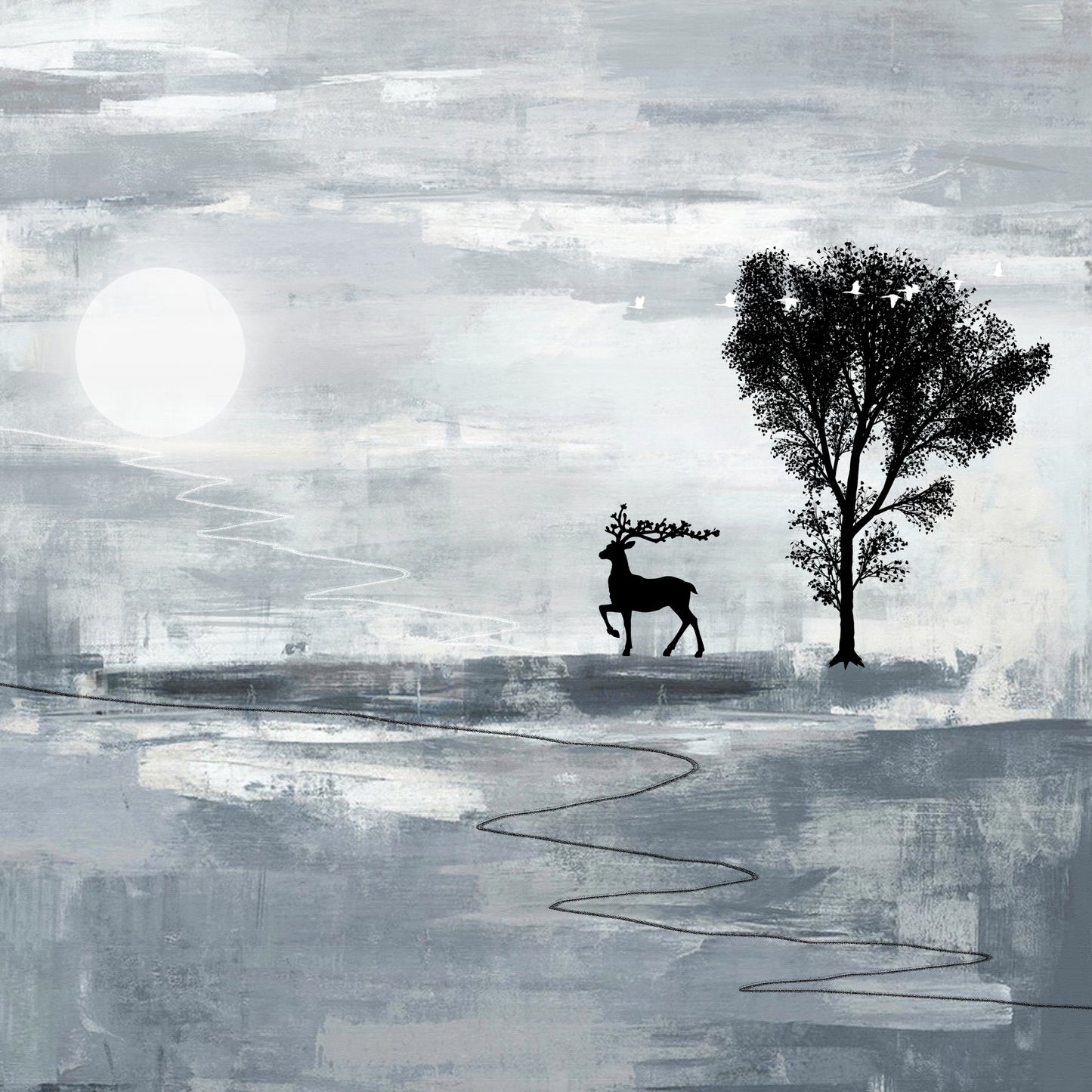 Minimalist Monochrome Landscape Wall Art – Abstract Nature Scene with Deer & Tree