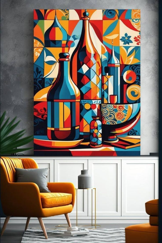 Colorful Geometric Bottle Abstract Wall Art – Modern Cubist Style Painting