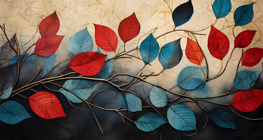 Harmony in Contrast" – Red & Blue Leaf Wall Art | Botanical Abstract Nature Print