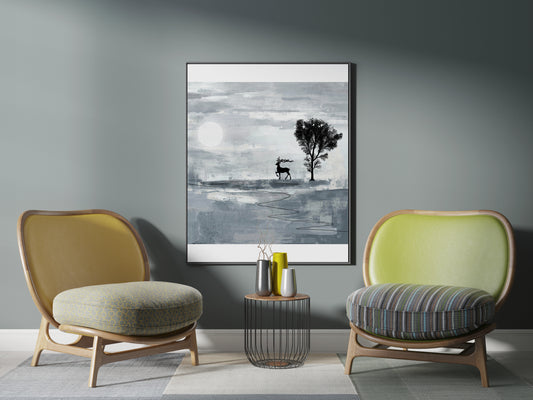 Minimalist Monochrome Landscape Wall Art – Abstract Nature Scene with Deer & Tree