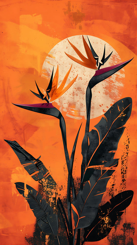 "Tropical Bird of Paradise Abstract Wall Art — Bold Orange Botanical Print"