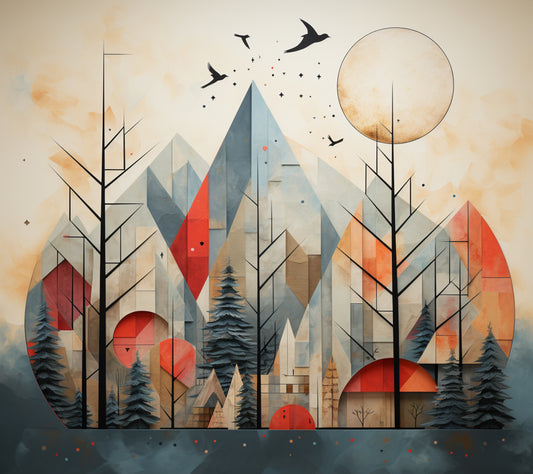 Modern Mountain Landscape Wall Art Print – Geometric Nature Scene with Birds and Forest