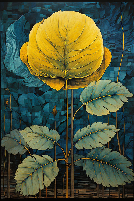 "Tropical Botanical Wall Art — Vibrant Yellow & Teal Leaf Illustration Print"