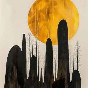 Golden Eclipse Over Pines" – Modern Minimalist Forest Wall Art