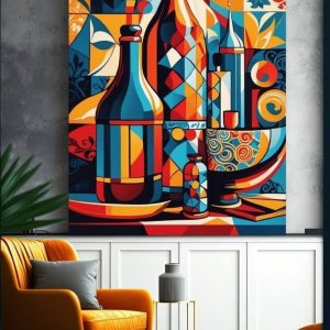 Colorful Geometric Bottle Abstract Wall Art – Modern Cubist Style Painting