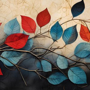 Harmony in Contrast" – Red & Blue Leaf Wall Art | Botanical Abstract Nature Print