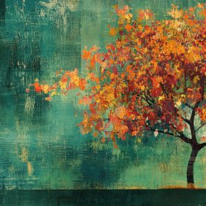 "Golden Canopy" – Autumn Tree on Textured Teal Canvas