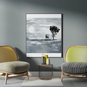 Minimalist Monochrome Landscape Wall Art – Abstract Nature Scene with Deer & Tree