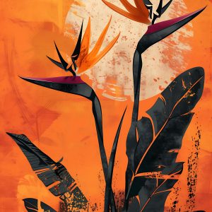 "Tropical Bird of Paradise Abstract Wall Art — Bold Orange Botanical Print"