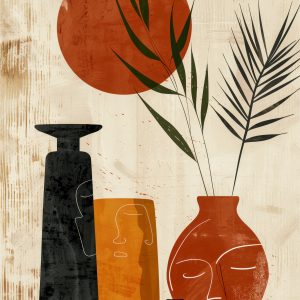 Modern Abstract Pottery Wall Art – Minimalist Vase & Botanical Illustration Print