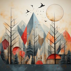 Modern Mountain Landscape Wall Art Print – Geometric Nature Scene with Birds and Forest