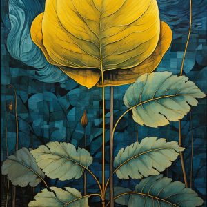 "Tropical Botanical Wall Art — Vibrant Yellow & Teal Leaf Illustration Print"